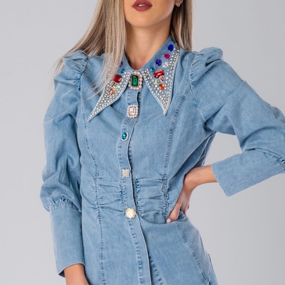 NEW WOMEN’S DENIM DIAMOND BEADED SHIRT - Picture 2 of 7